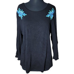 Rafaella top blouse long sleeve embroidered black sz XL